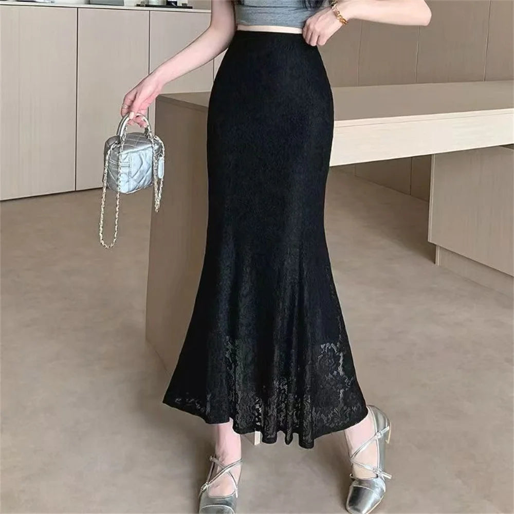 Lace Fishtail Women's Skirt 2026 Spring Summer New Female Mid-Length A-Line Pleated Package Hips Skirt Office Ladies One Step
