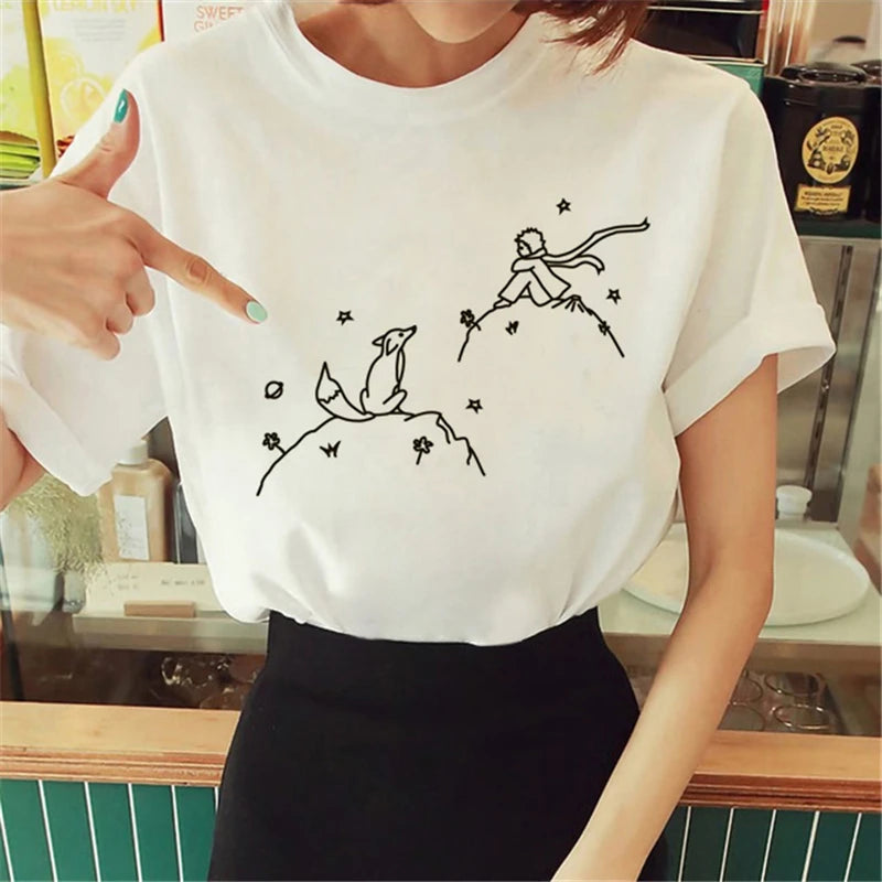 Cartoon T-shirt Anime Printed Pattern Women's T-shirt Rose Pattern Women's T-shirt Round Neck Short Sleeve