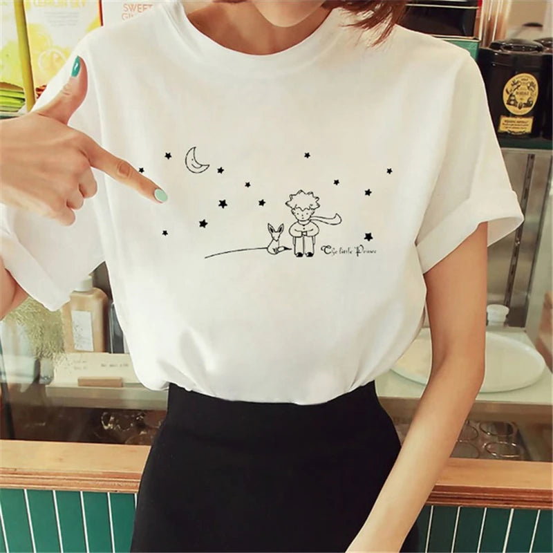Cartoon T-shirt Anime Printed Pattern Women's T-shirt Rose Pattern Women's T-shirt Round Neck Short Sleeve