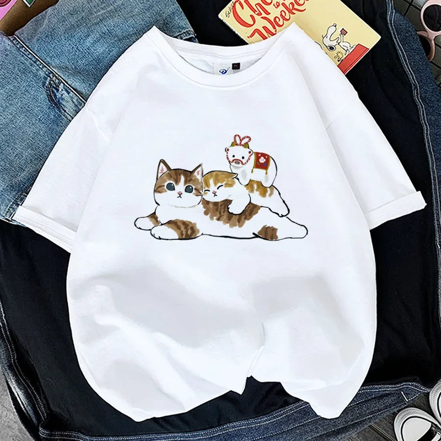 Tops Woman 2026 T Shirt Kawaii Cat Shark Print T-shirt Summer Korean Harajuku Fashion Short Sleeve Tee Funny Animal Graphic Tee