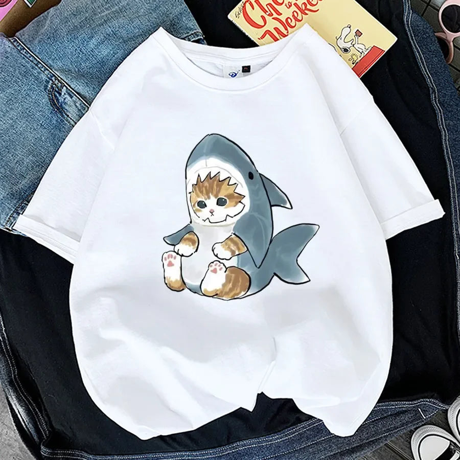Tops Woman 2026 T Shirt Kawaii Cat Shark Print T-shirt Summer Korean Harajuku Fashion Short Sleeve Tee Funny Animal Graphic Tee